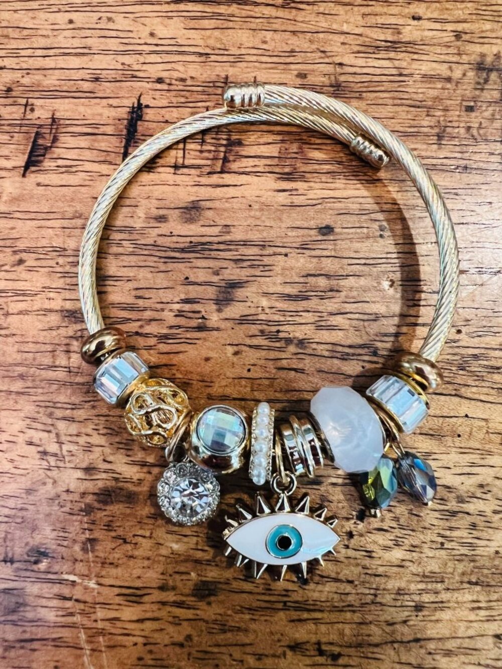 Gold Charm Bracelet With Evil Eye Crystal Beads & Pearl Accents